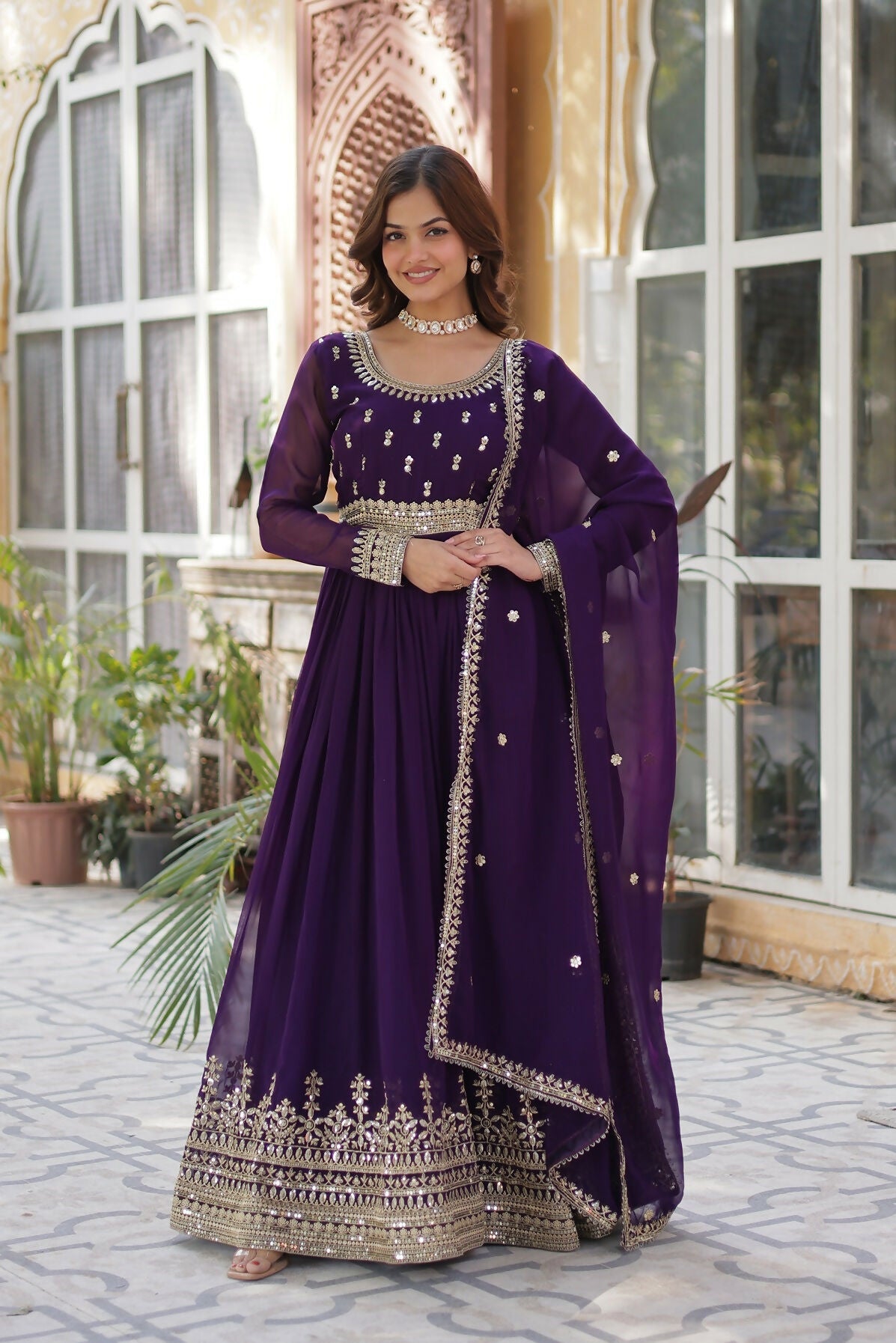 Joban Fashion Purple Georgette Sequence Embroidery Work Kurta Set | Grocsy