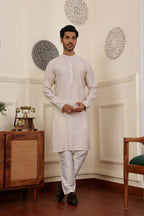 White Modal Silk Woven Designer Men's Rajwadi Kurta Set - Mahotsav | Grocsy