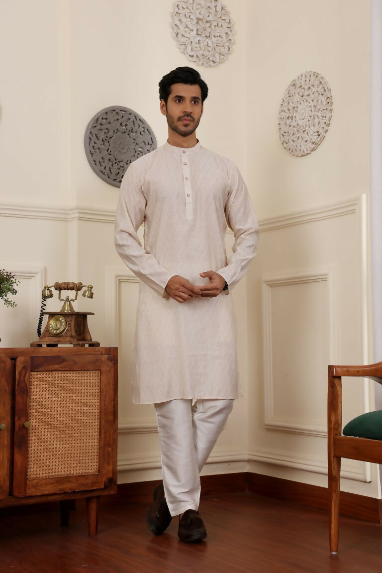 White Modal Silk Woven Designer Men's Rajwadi Kurta Set - Mahotsav | Grocsy