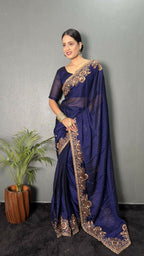 Vastranavya Blue Rangoli Silk Zari work with DMC Swarovski work Ready to Wear Saree | Grocsy