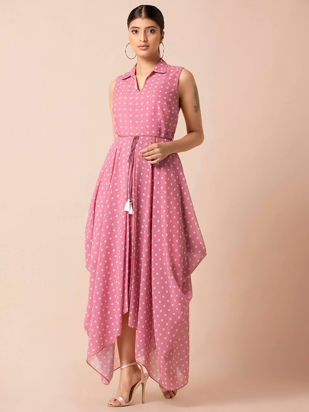 Indya Pink & White Bandhani Printed Maxi Dress | Grocsy