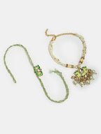 NVR Women & Men Set of 2 Green Lotus Shape Kundan-Studded & Beaded Handcrafted Wraparound Rakhi Set With Roli Chawal | Grocsy