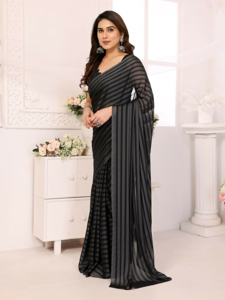 Designer Partywear Black & Grey Georgette Fancy Saree - Satrangi | Grocsy