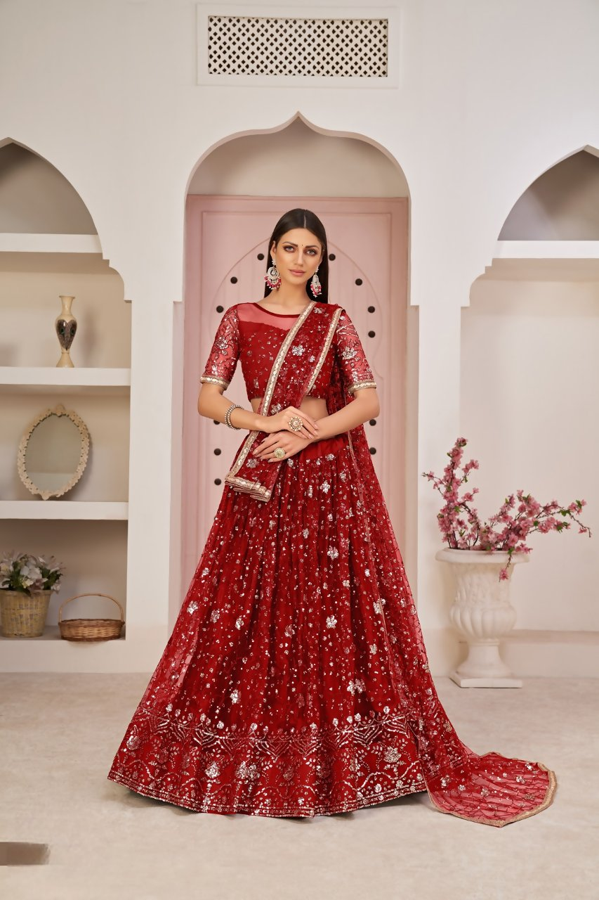 Eilara Women'S Red Butterfly Net Thread With Zari Sandwich Sequence Embroidered Work Lehenga Choli For Wedding | Grocsy