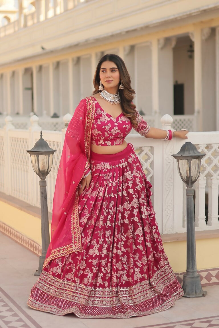 Vastranavya Designer Dyeable Pure Viscose Jacquard Fabric Lehenga Choli & Dupatta Set - Pink | Grocsy