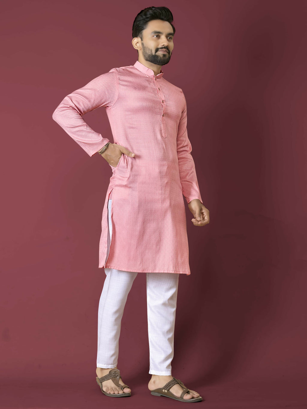Anaita Pink Solid Soft Jacquard Silk Straight Kurta | Grocsy