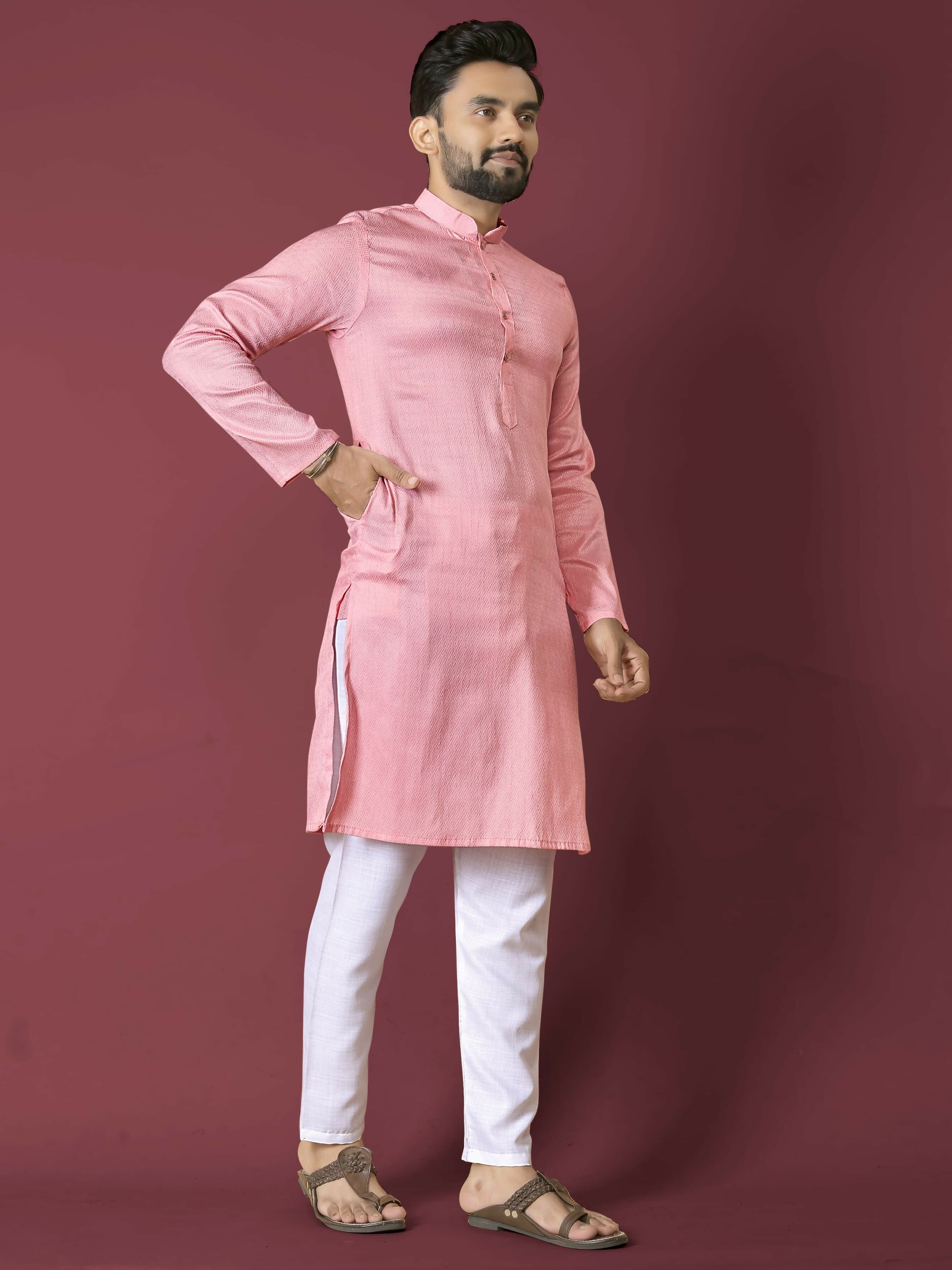 Anaita Pink Solid Soft Jacquard Silk Straight Kurta | Grocsy