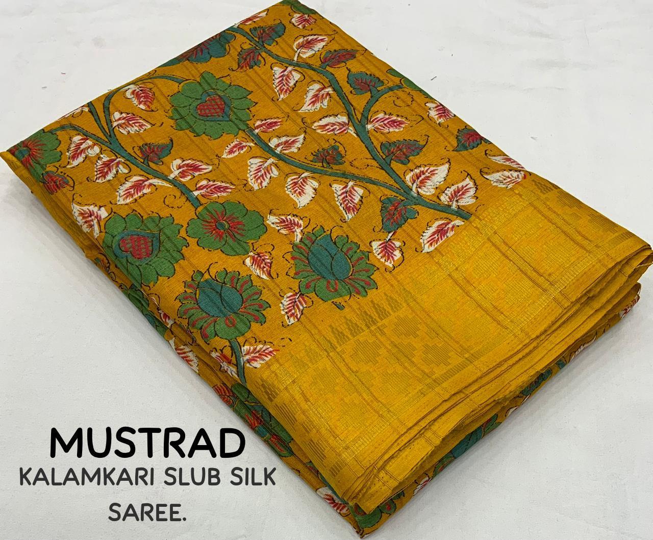Mustard Slub Silk Printed Saree with Unstitched Blouse - Hiral Fashion | Grocsy
