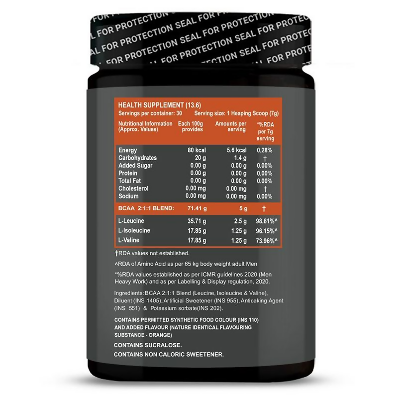 Carbamide Forte BCAA Powder With 2:1:1 Ideal Ratio - Orange Flavour | Grocsy