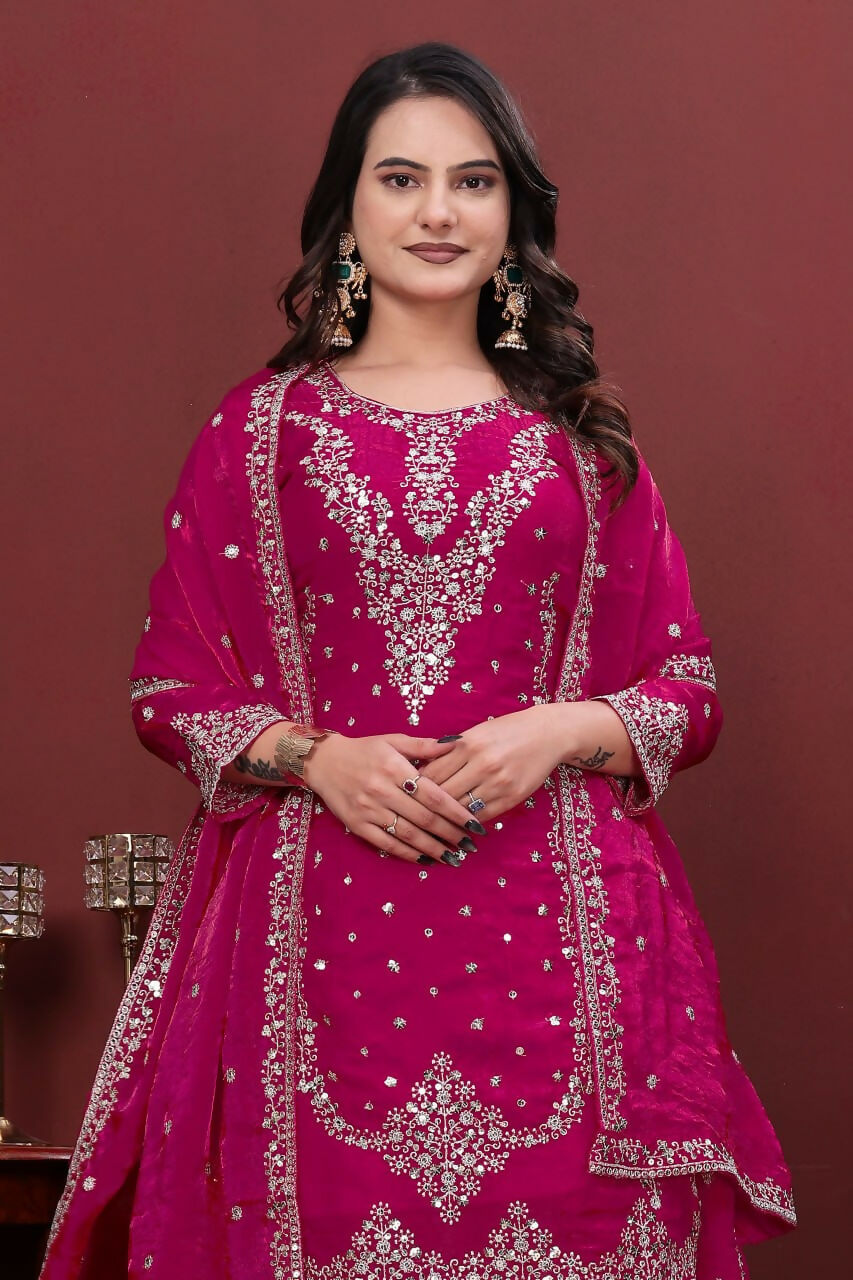Teeya Creation Women'S Magenta Pink Faux Georgette Zari Work Kurta Sharara Set | Grocsy