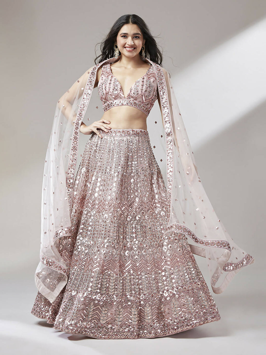 House of Panchhi Rose Gold Net Mirror & Sequinse embroidery Lehenga choli & Dupatta | Grocsy