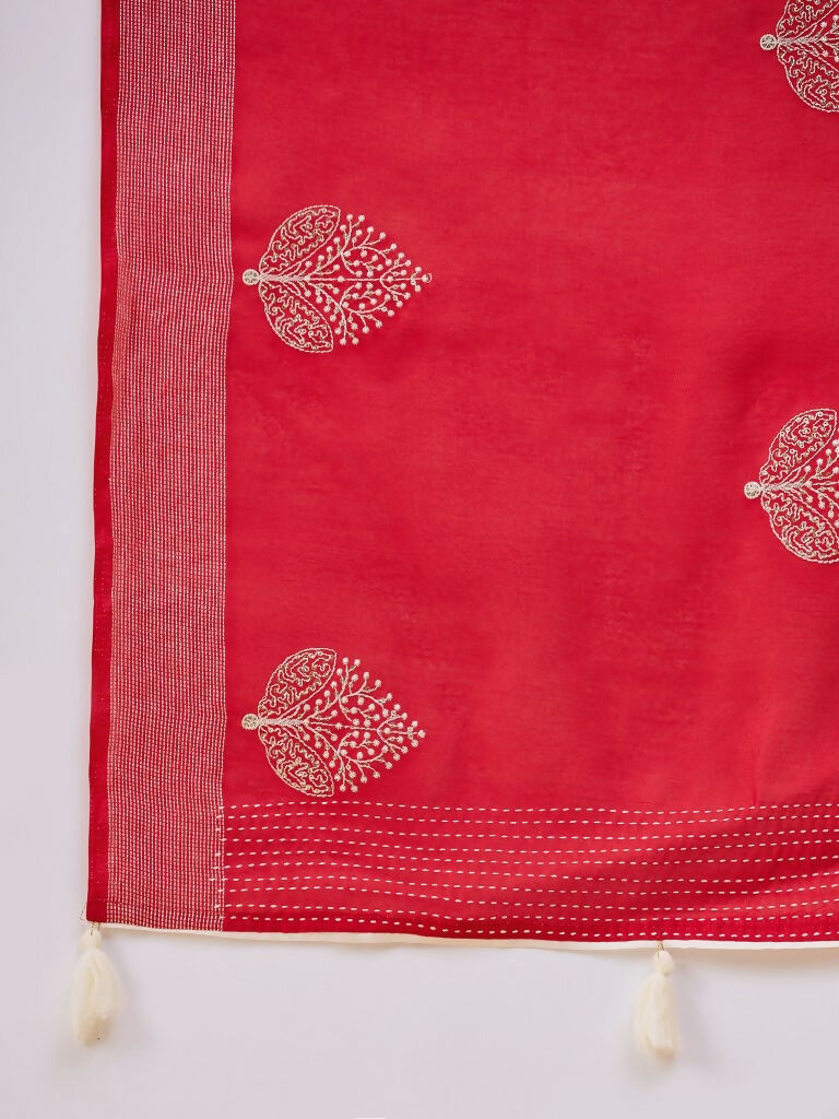 Red Cotton Blend Thread Embroidered Saree with Unstitched Blouse - Satya | Grocsy