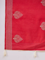 Red Cotton Blend Thread Embroidered Saree with Unstitched Blouse - Satya | Grocsy