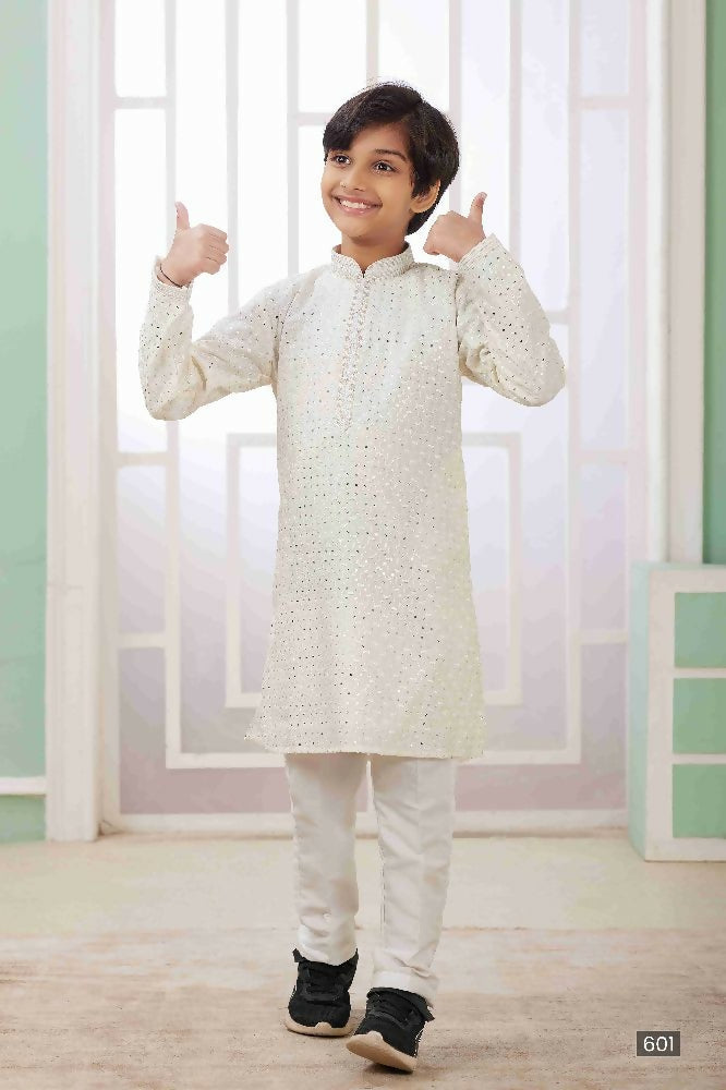 Raivat Ethnic Art Silk Embroidery Work Kids Kurta Pajama In Cream Colour | Grocsy