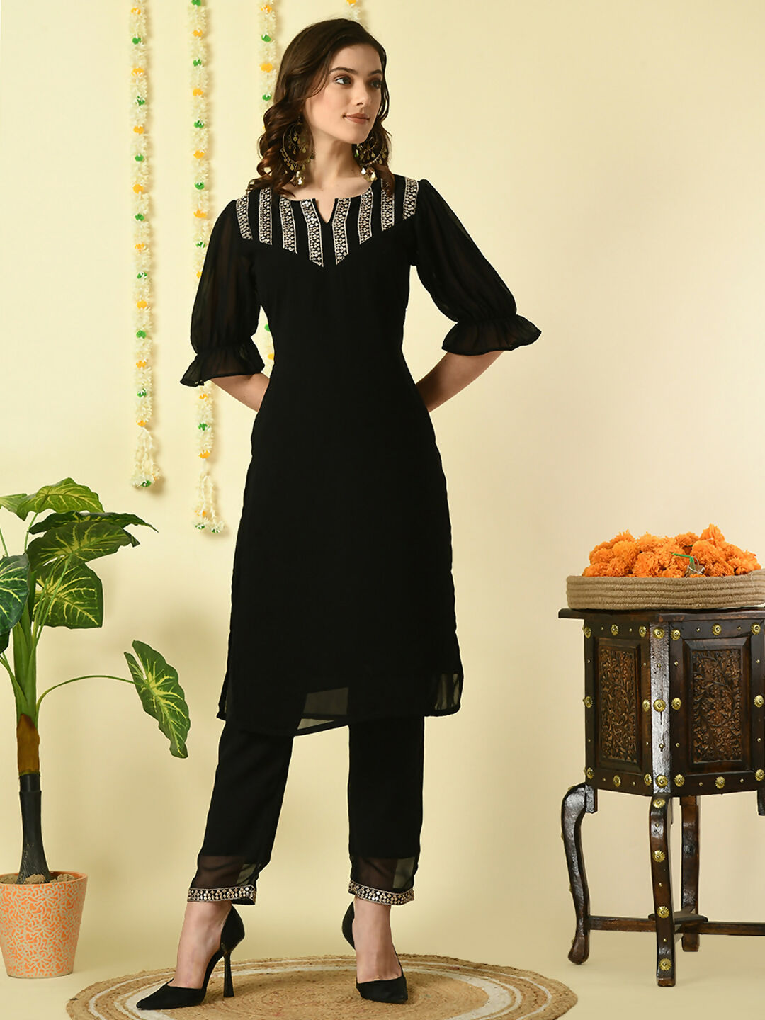 Myshka Women's Black Georgette Kurta With Trousers Party Sets | Grocsy