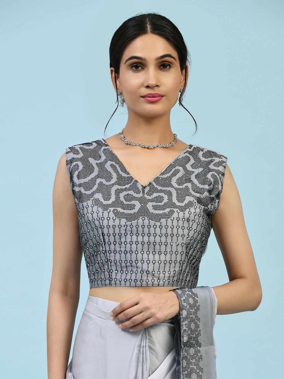 Grey Ombre Satin Georgette Plain Ready to wear Saree with stitched Blouse - Vrinda | Grocsy