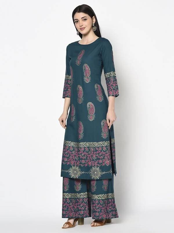 Aniyah Rayon Teal Blue Color Block Print Straight Kurta Palazzo Set (AN-223K) | Grocsy