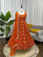 Teeya Creation Orange Color Fendy Silk Heavy Embroidery Work Wedding Wear Long Gown | Grocsy