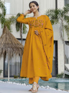 The52 Women's Beautiful Cotton Fabric Thread Work Straight Kurta Pant and Dupatta Set | Grocsy