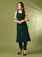 Myshka Women's Green Embroidered Cotton Straight Party Kurta Set | Grocsy