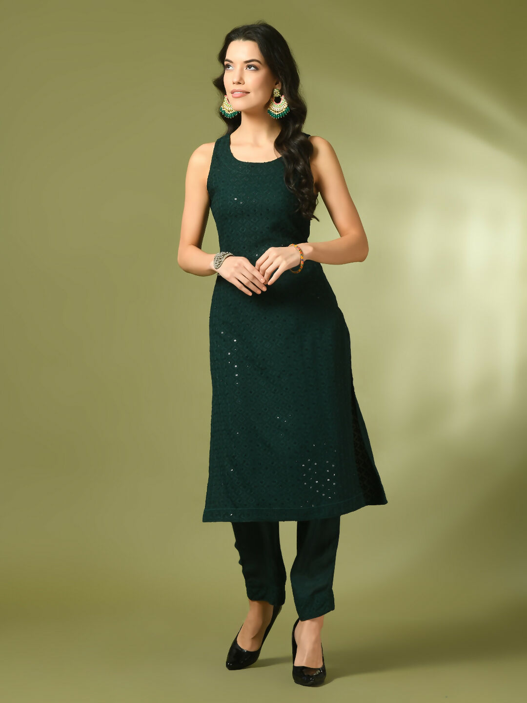 Myshka Women's Green Embroidered Cotton Straight Party Kurta Set | Grocsy