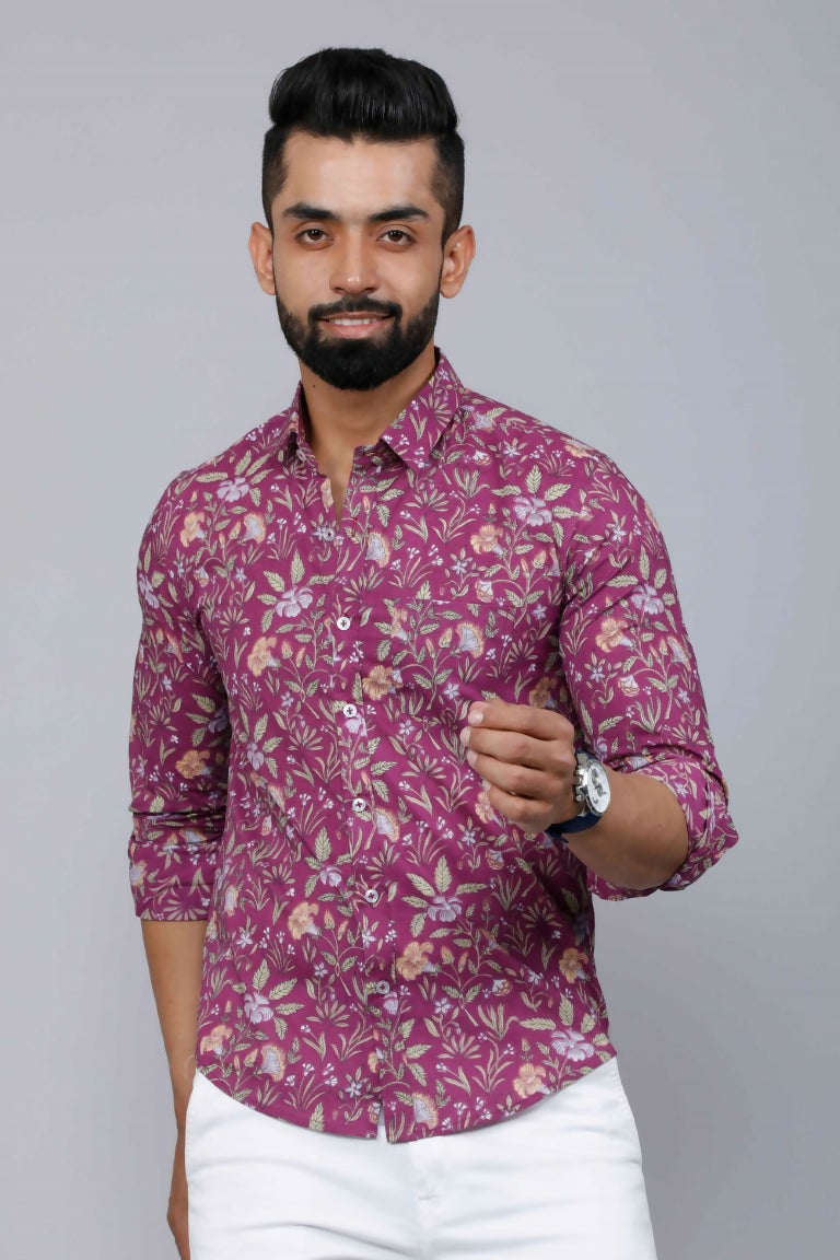 Miravan Men's Purple Comfort Foral Printed Casual Cotton Shirt | Grocsy