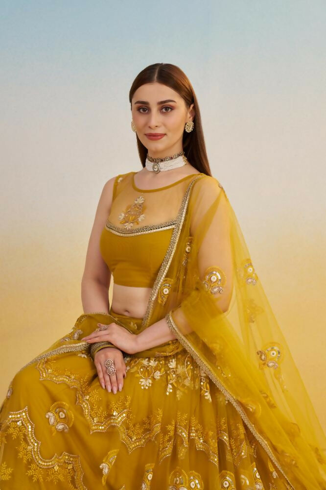 Aastha Fashion Mustard Yellow Butterfly Net Tone To Tone Cotton Thread Work And Sequence Work Embroidery Wedding Wear Lehenga Choli | Grocsy