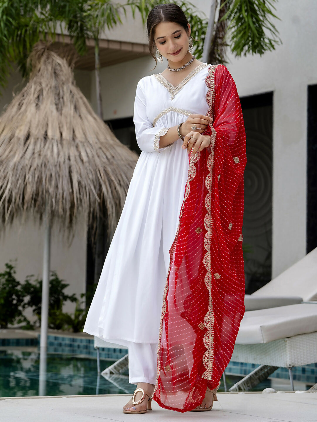 The52 White Women's Gorgeous Embroidered Chanderi Fabric Straight Kurta, Pant and Dupatta Set | Grocsy