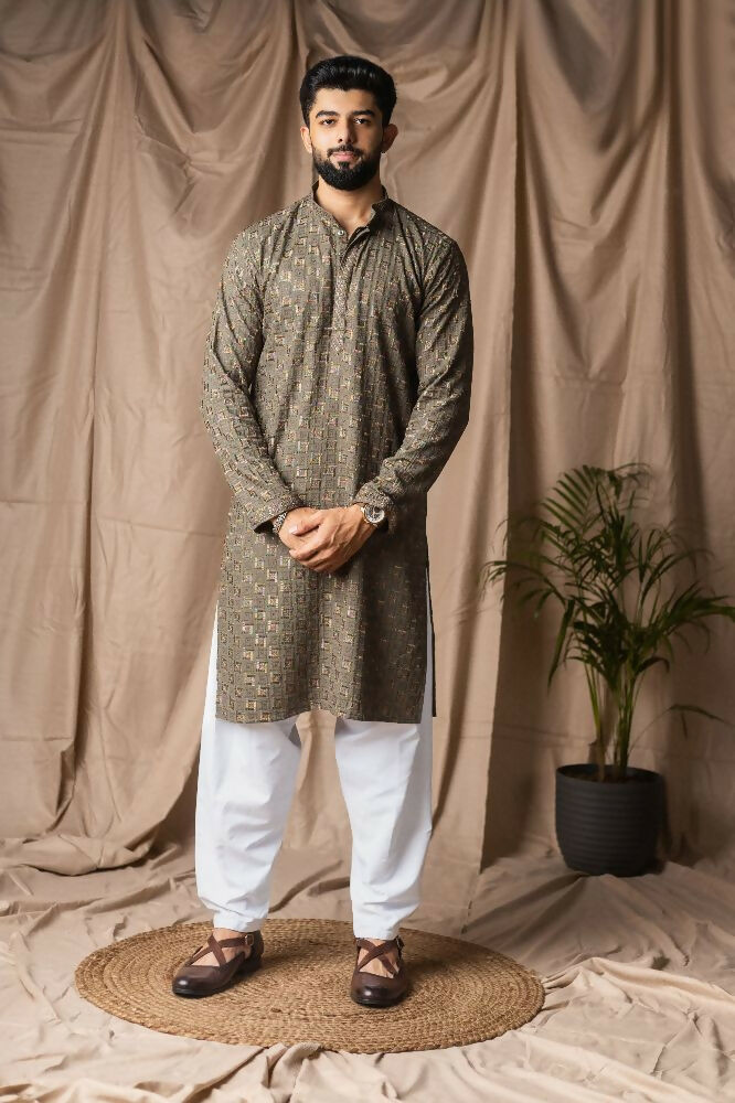Mehandi Green Rayon Thread Embroidery Work Kurta Set - Mahotsav | Grocsy