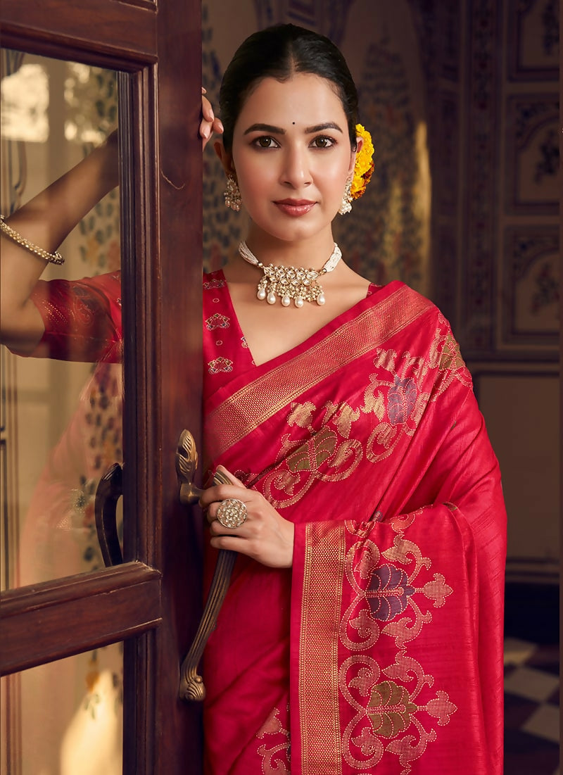 Monjolika Fashion Rani Pink Silk Blend Banarasi Zari Work Classic Saree | Grocsy