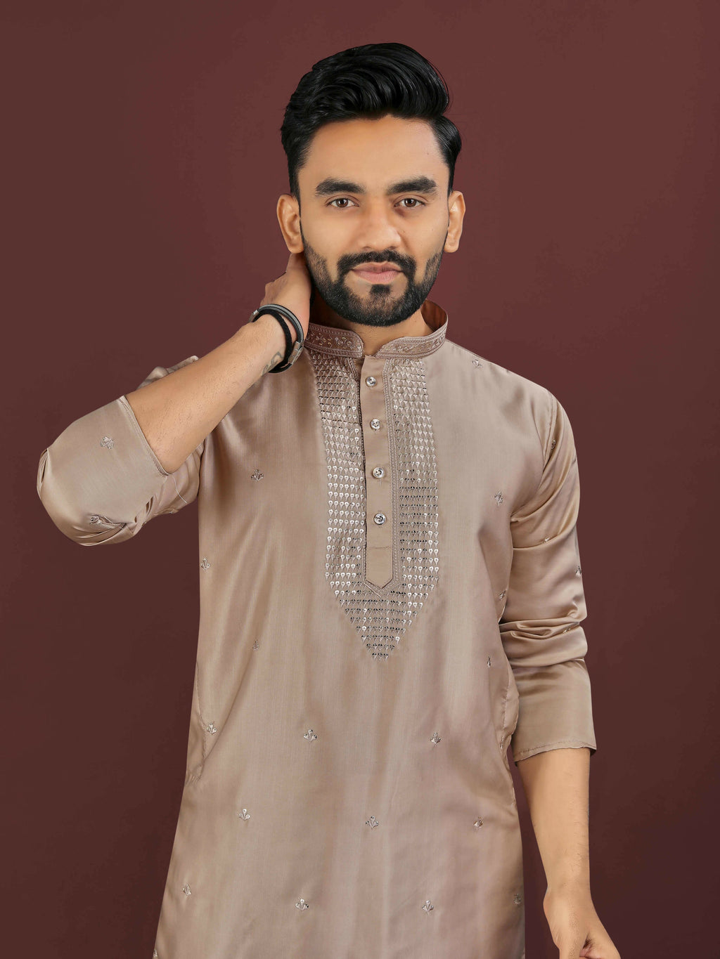 Anaita Brown Embroidered Silk Straight Kurta | Grocsy