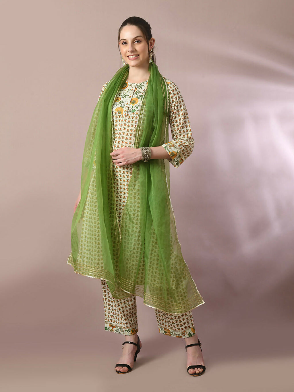 Myshka Women's Multi Printed Cotton Straight Party Kurta Set With Dupatta | Grocsy