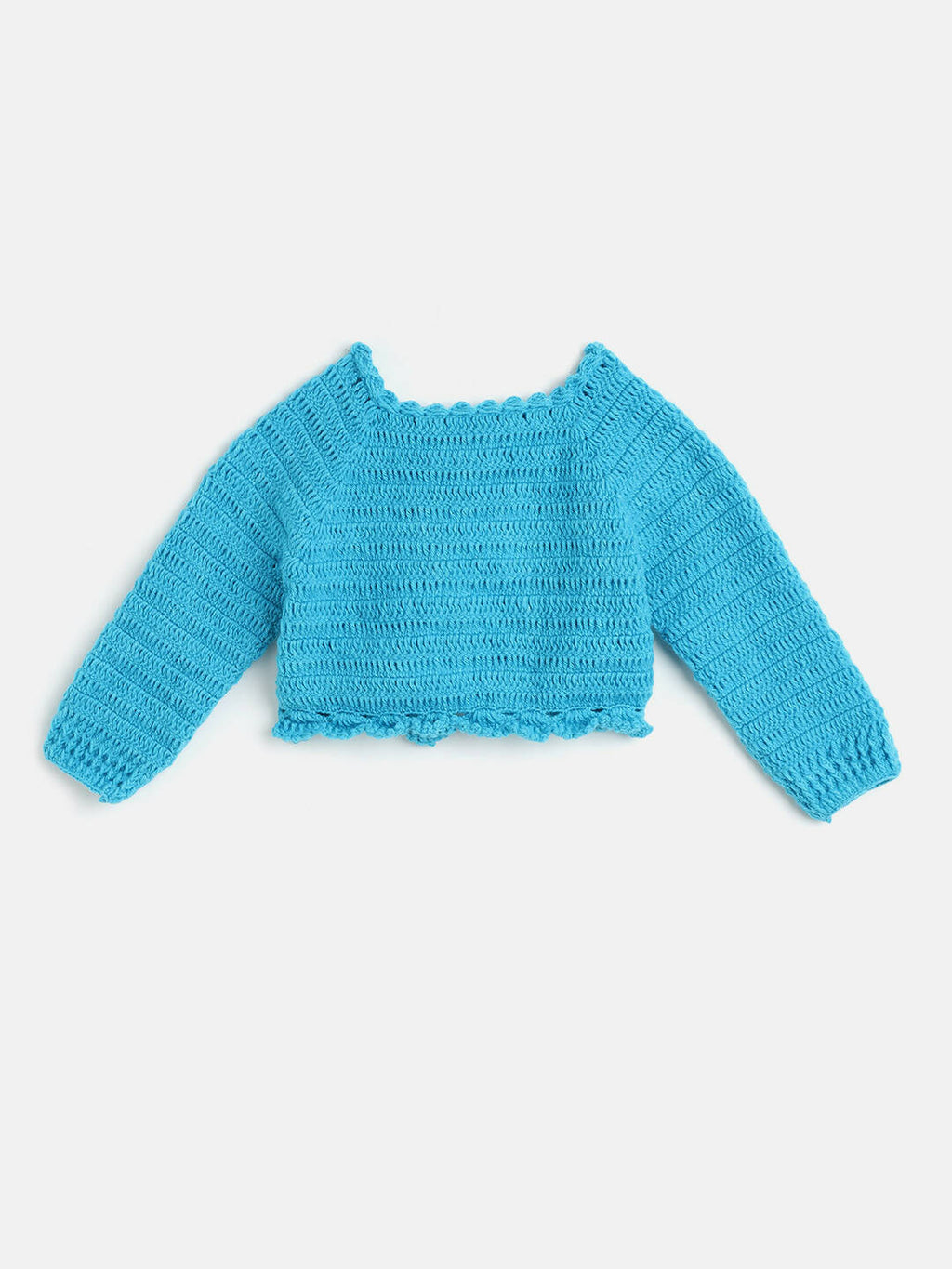 Chutput Kids Woollen Hand Knitted Full Sleeves Cardigan With Short Sleeves Flower Work Dress For Baby Girls - Blue | Grocsy