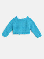 Chutput Kids Woollen Hand Knitted Full Sleeves Cardigan With Short Sleeves Flower Work Dress For Baby Girls - Blue | Grocsy