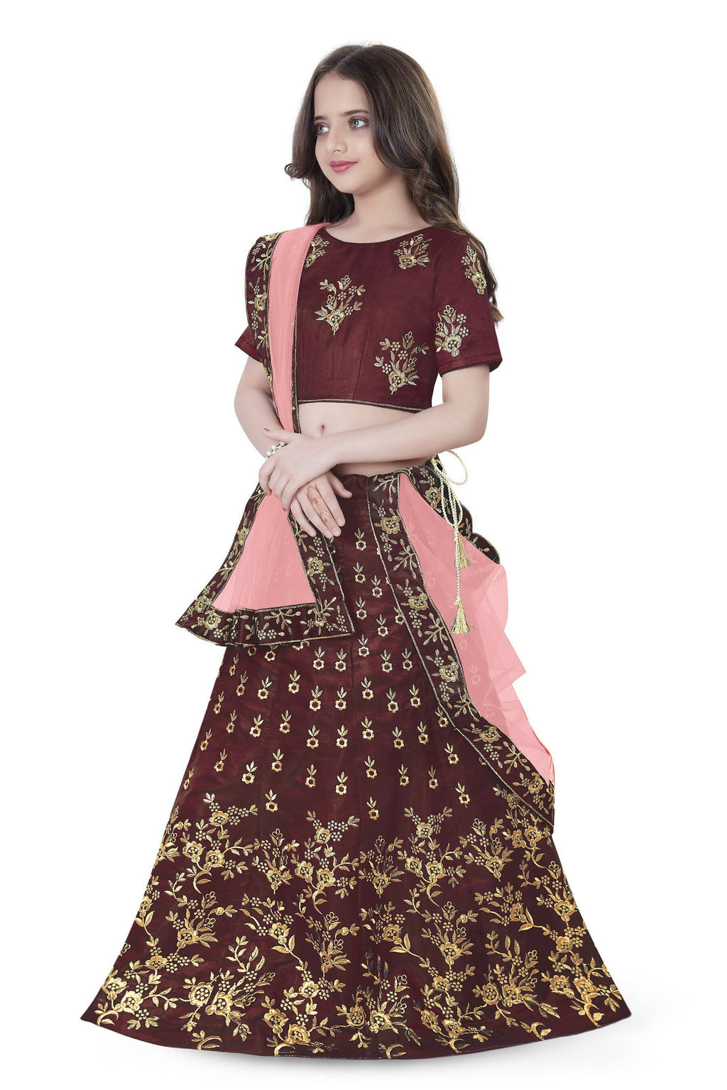 Dwiden Maroon Baby Doll Tafetta Sattin Semi-Stitched Girl's Lehenga Choli | Grocsy