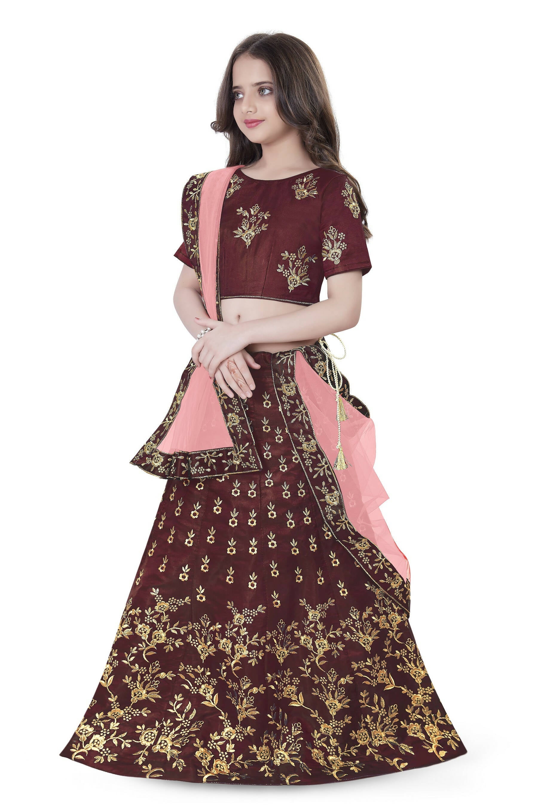 Dwiden Maroon Baby Doll Tafetta Sattin Semi-Stitched Girl's Lehenga Choli | Grocsy