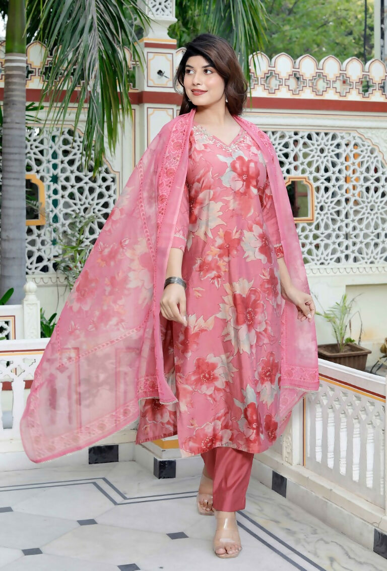 Miravan Women's Muslin Pink V-Neck Embroidered Kurta with Palazzo and Dupatta | Grocsy