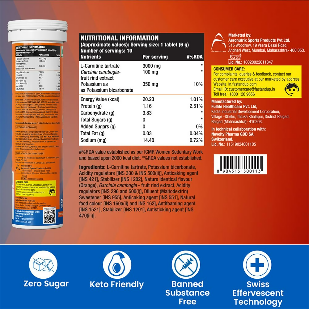Fast&Up L Carnitine 3000mg Effervescent Tablets - Orange Flavour | Grocsy