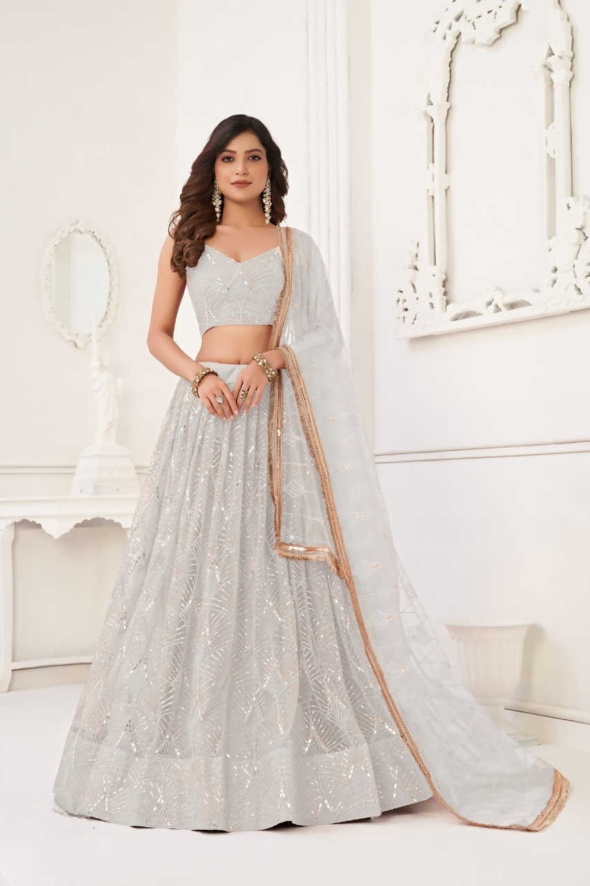 Eilara Glamorous Off White Net With Sequins And Thread Embroidery Real Mirror Work Lehenga Choli For Wedding | Grocsy