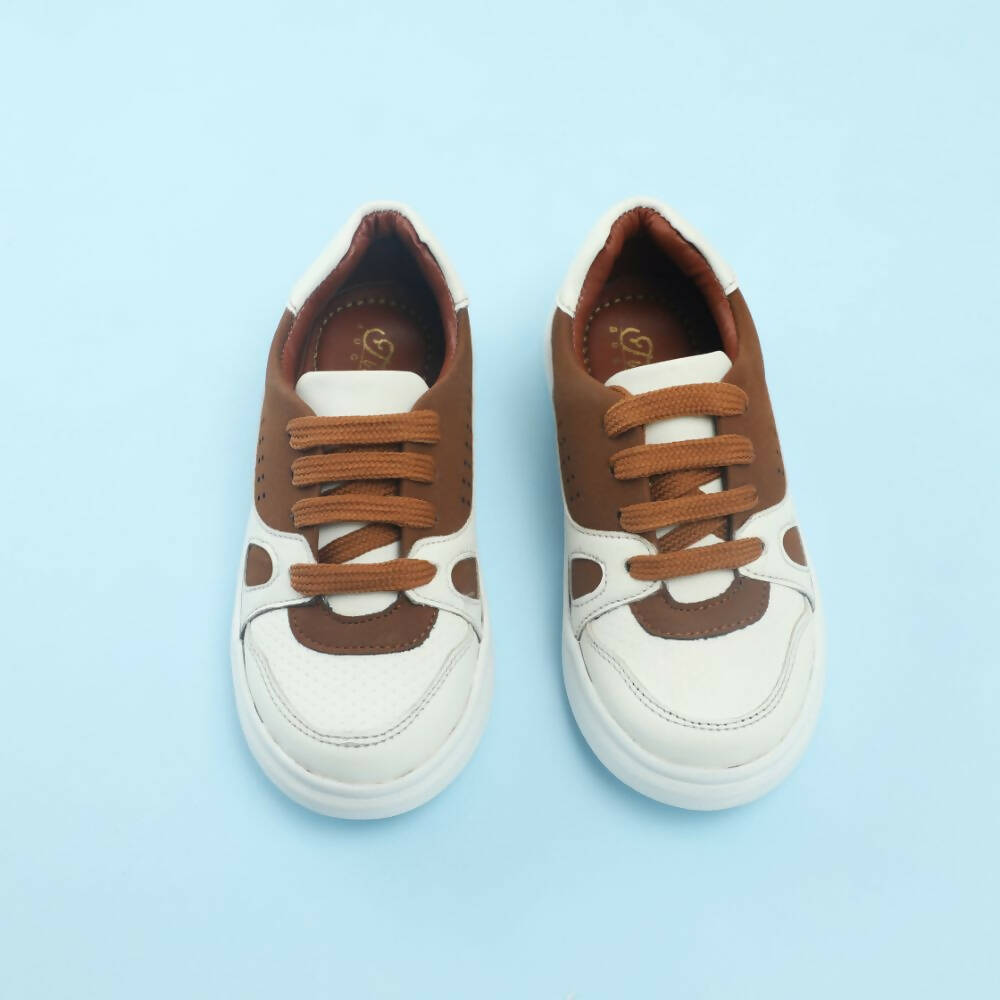 Tiny Bugs Boys Lace Up Casual Shoes - White & Brown | Grocsy