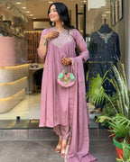 The52 Women's Beautiful Chinon Fabric Embroidery Work Flared Kurta Pant and Dupatta Set | Grocsy