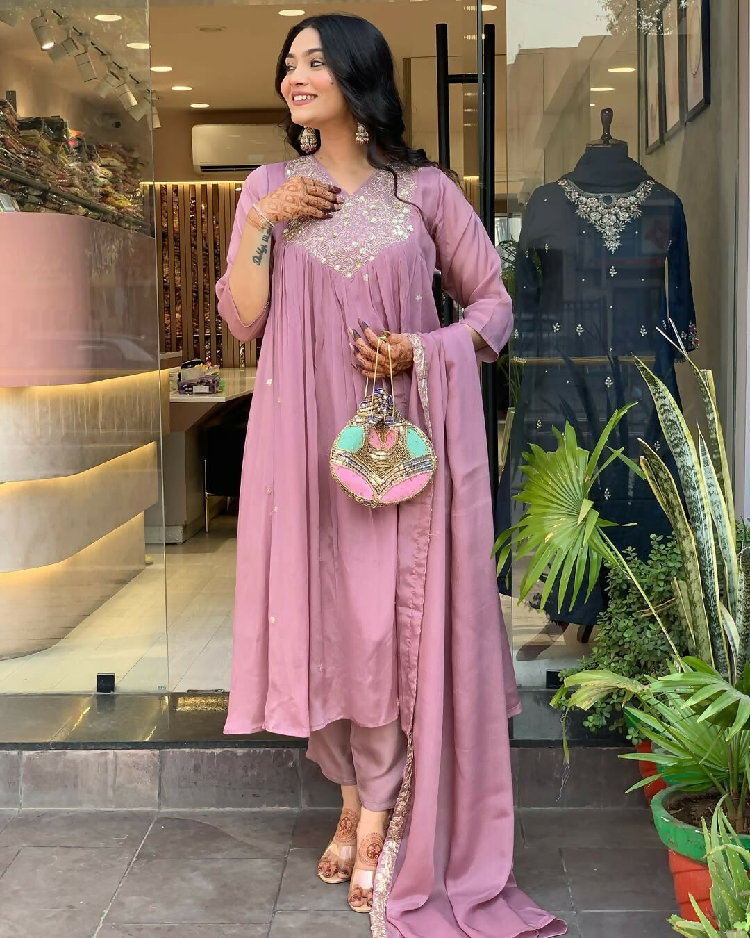 The52 Women's Beautiful Chinon Fabric Embroidery Work Flared Kurta Pant and Dupatta Set | Grocsy