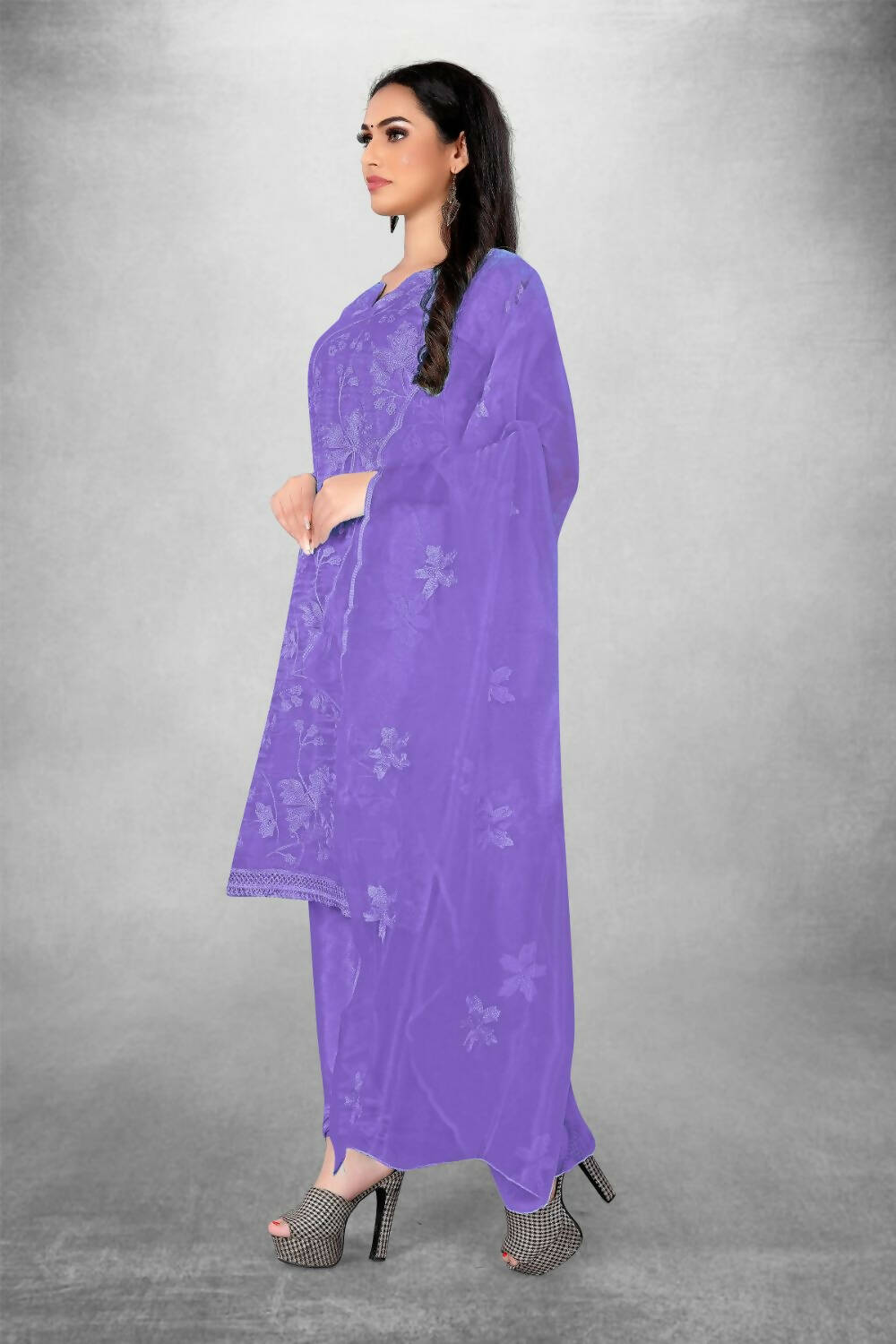 Lavender Heavy Organza Silk Embroidered Unstitched Dress Material - Amara | Grocsy