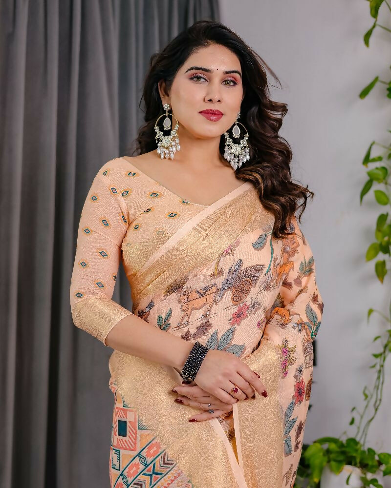 PR Fashion Cream Pure Handloom Linen Saree | Grocsy