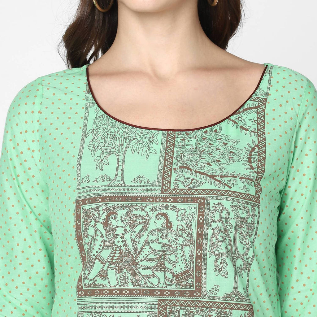 Cheera Hand Block Print Light Green Anarkali Kurta (MAAI-064K) | Grocsy