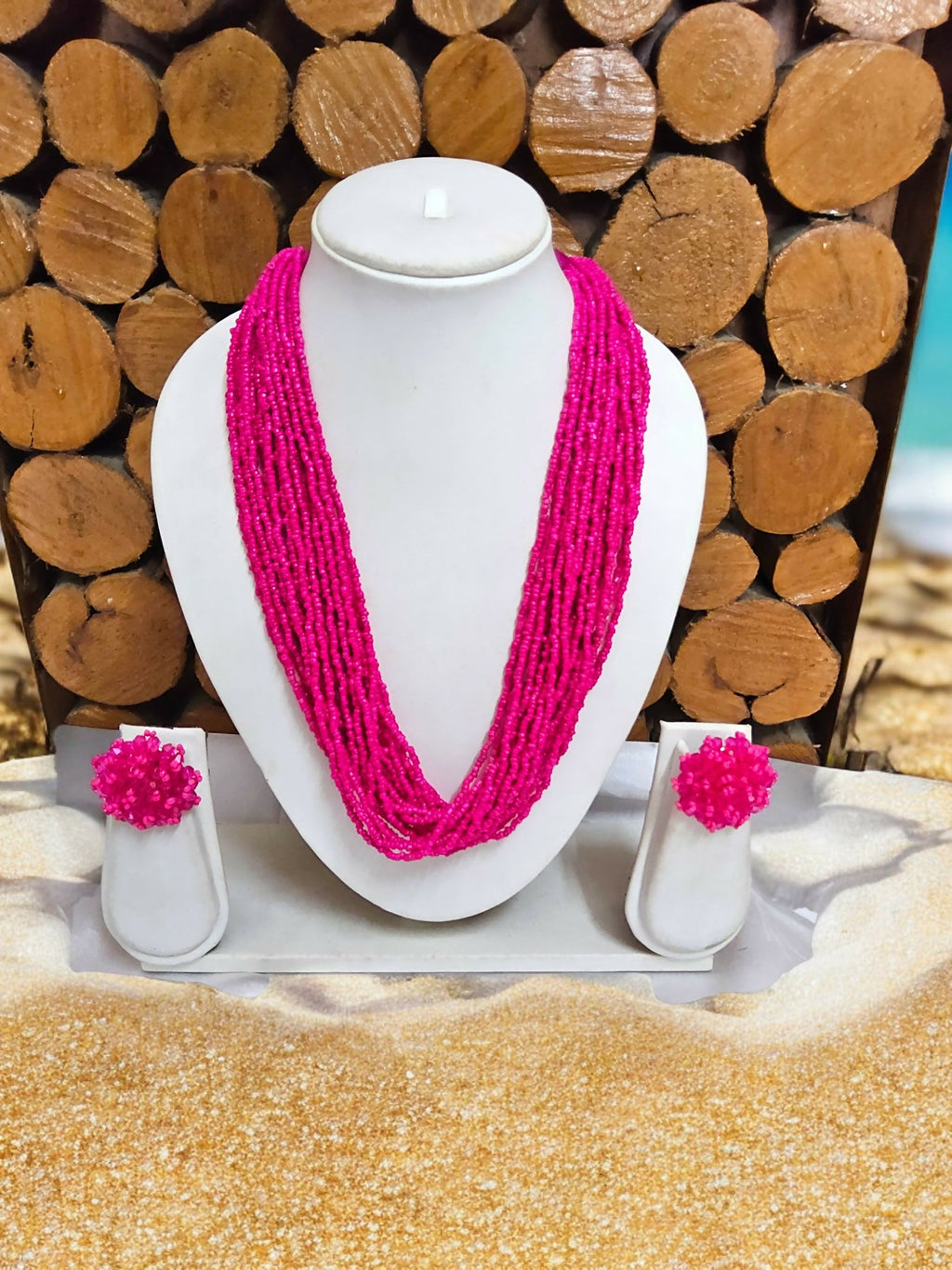 Inhanns Vibrant Handmade 20 Layers Beaded Necklace With Matching Earrings - Pink | Grocsy