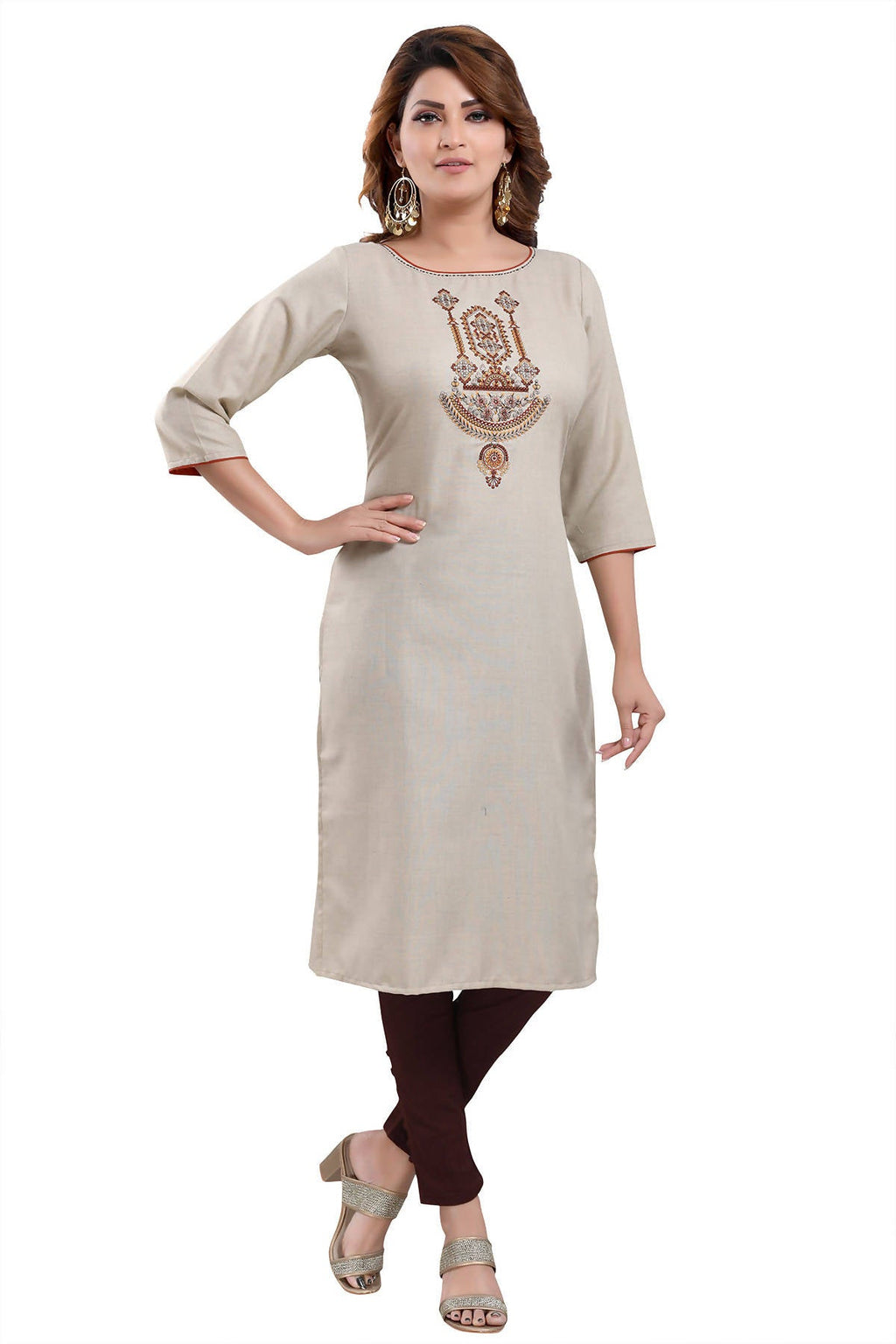 Snehal Creations Boastful Beige Color Casual Cotton Ladies Kurti With Embroidery | Grocsy