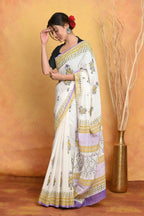 Very Much Indian Handblock Printed Cotton Saree With Natural Dyes - White | Grocsy
