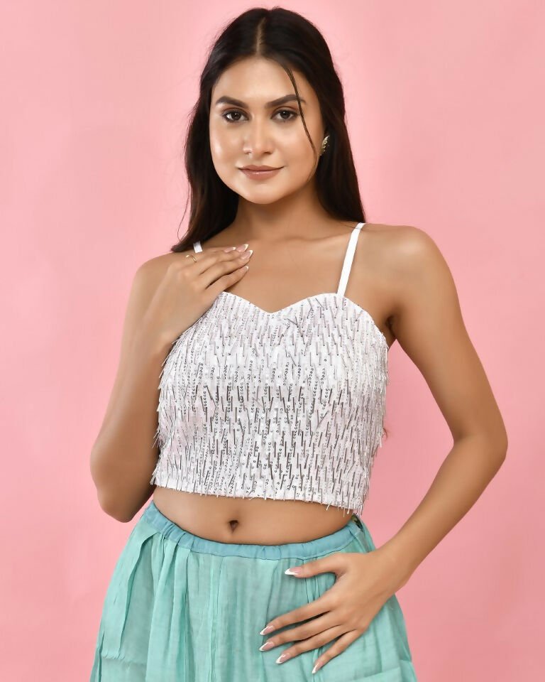 Amodini Designer Studio Silver Sequined Strap Padded Blouse | Grocsy