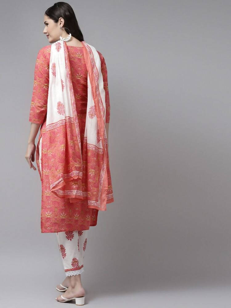 Yufta Women Pink & White Ethnic Motifs Printed Mirror Work Kurta with Palazzo & Dupatta | Grocsy